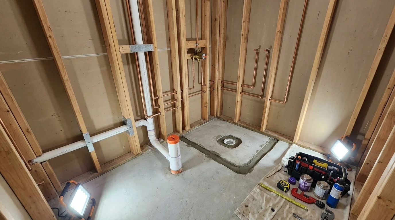 Bathroom rough-in plumbing during remodel by Johns Plumbing LLC in Harrington Park