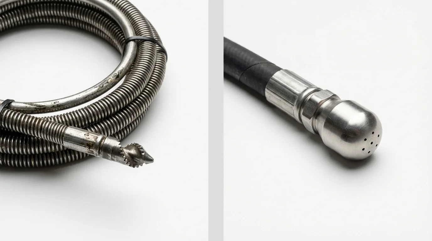 Drain snake cable and hydro jetting nozzle used for drain cleaning in Harrington Park, NJ