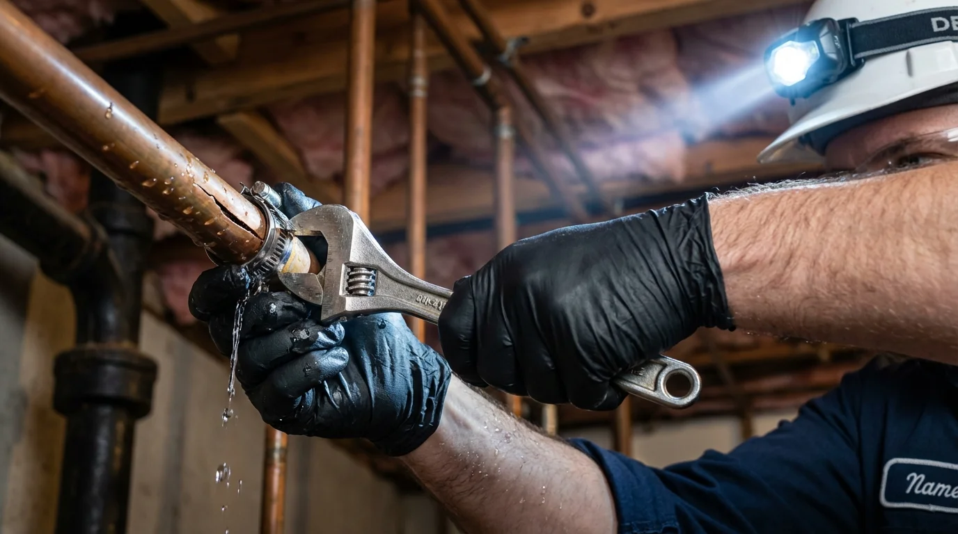 Emergency pipe clamp repair being performed by a Johns Plumbing LLC plumber in Harrington Park