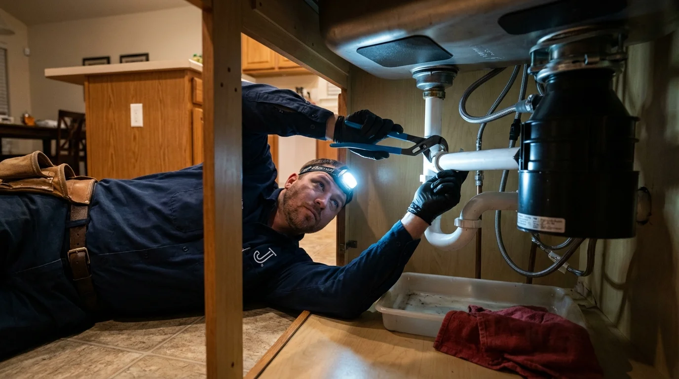 P-trap and supply line connections under a kitchen sink showing a common leak point in Harrington Park, NJ